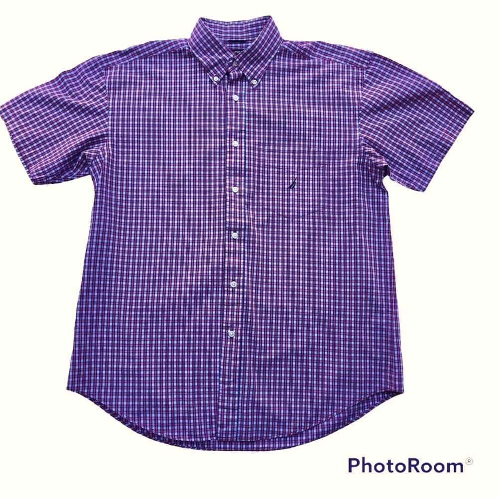 Nautica Top Mens short sleeve button down red navy white plaid shirt size XL